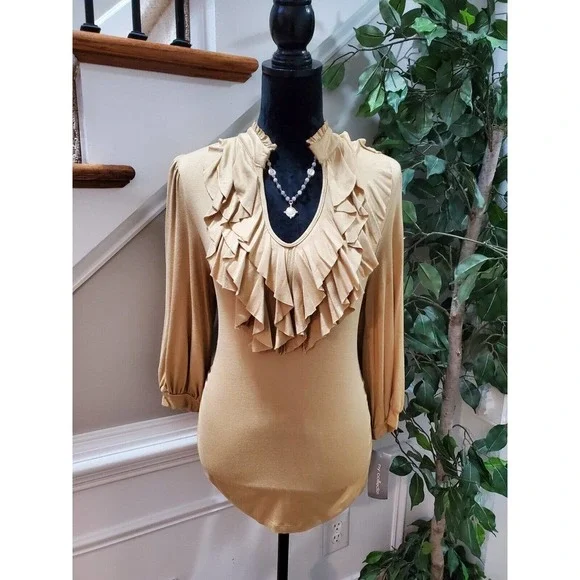 Ny Collection Woman's Khaki Rayon Long Sleeve Ruffle Pullover Top Shirt Size M - Picture 1 of 11